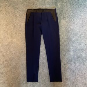 Pinko Navy Straight Leg Trousers with Black Leather Accents